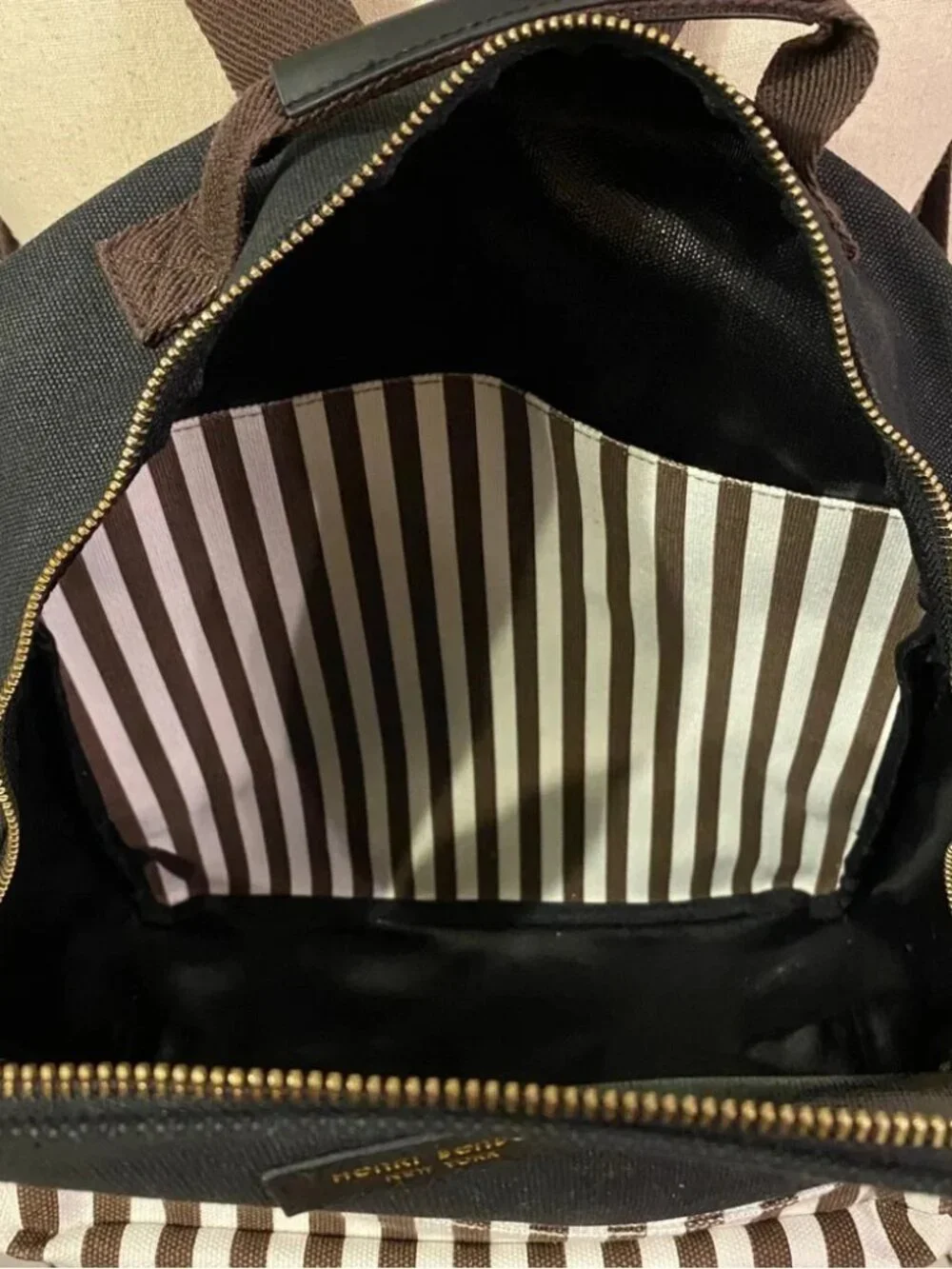 Henri Bendel black white brown striped canvas backpack large